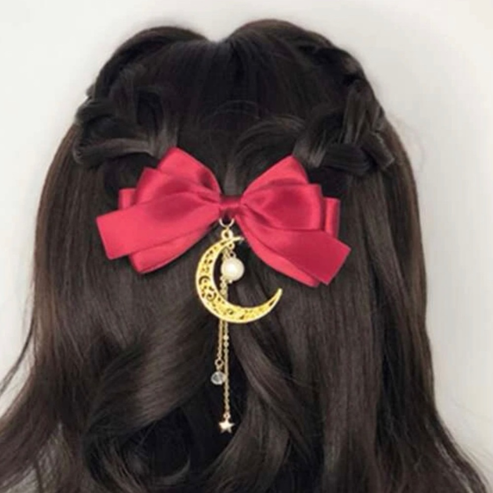 🌙 Sailor moon style red hair bow French clip new! Gold moon pendant pearl